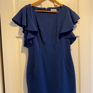 Calvin Klein blue sheath dress with shoulder flounce, pockets! Size 4